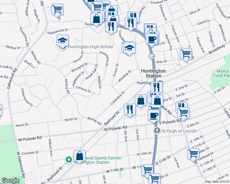 map of restaurants, bars, coffee shops, grocery stores, and more near 134 Columbia Street in Huntington Station
