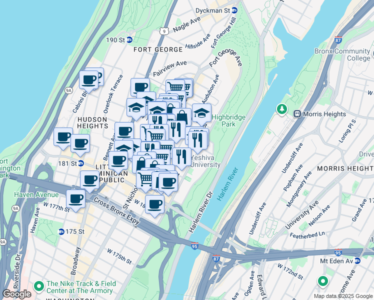map of restaurants, bars, coffee shops, grocery stores, and more near 511 West 186th Street in New York