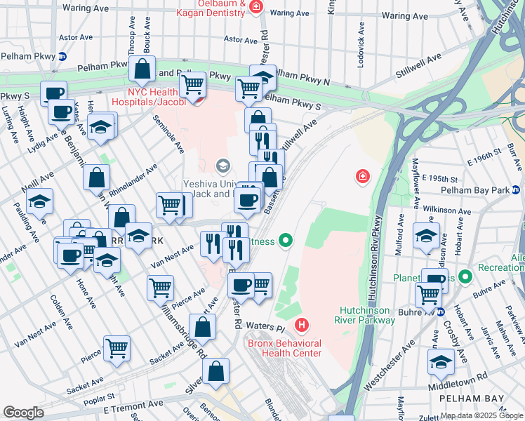 map of restaurants, bars, coffee shops, grocery stores, and more near 1401 Bassett Avenue in The Bronx