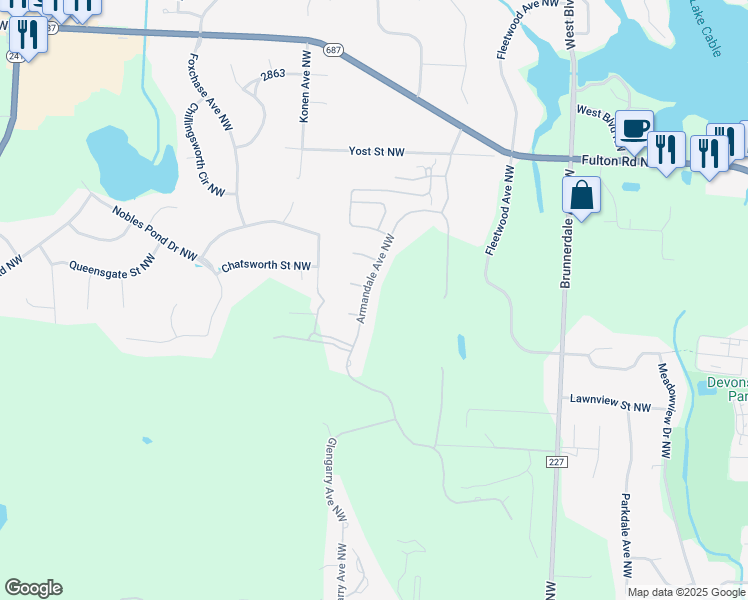 map of restaurants, bars, coffee shops, grocery stores, and more near 4822 Armandale Avenue Northwest in Canton