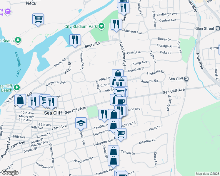 map of restaurants, bars, coffee shops, grocery stores, and more near 24 8th Avenue in Sea Cliff