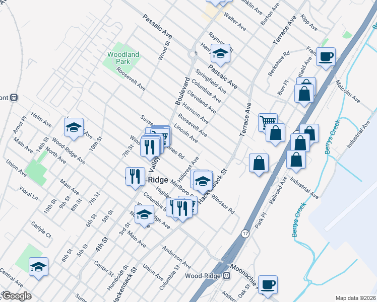 map of restaurants, bars, coffee shops, grocery stores, and more near 303 Hillcrest Avenue in Wood-Ridge