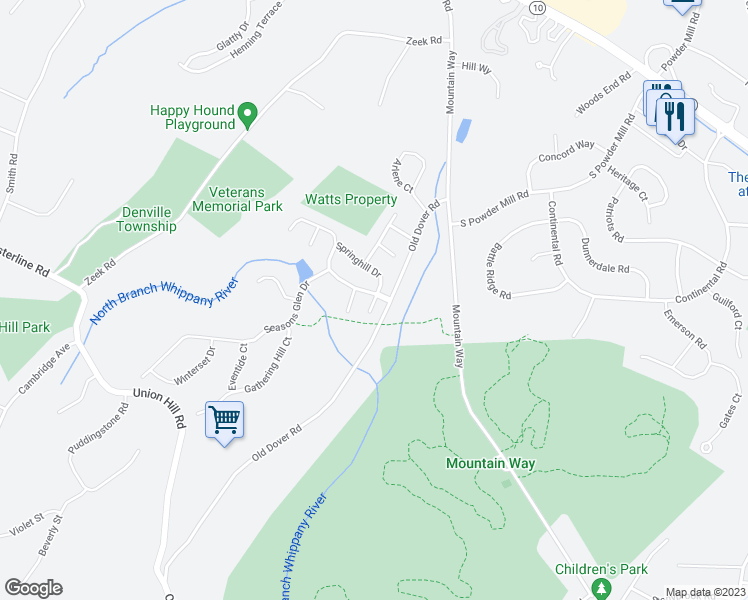 map of restaurants, bars, coffee shops, grocery stores, and more near 88 Springhill Drive in Morris Plains