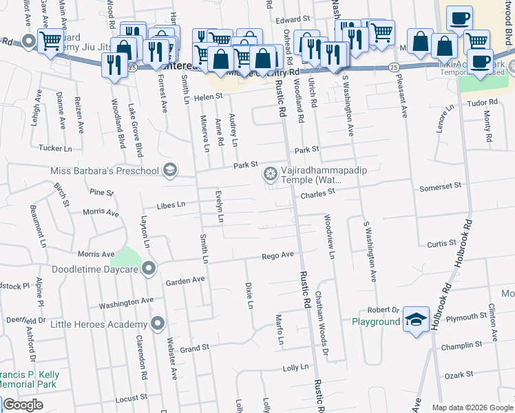 map of restaurants, bars, coffee shops, grocery stores, and more near 28 Van Bergen Boulevard in Centereach