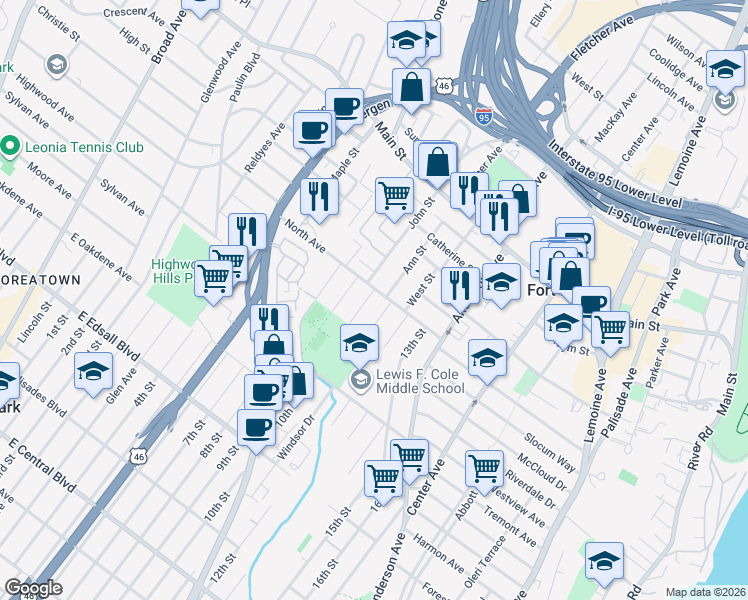 map of restaurants, bars, coffee shops, grocery stores, and more near 479 North Avenue in Fort Lee