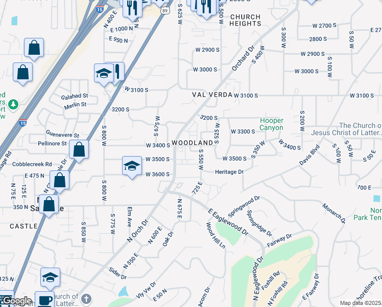 map of restaurants, bars, coffee shops, grocery stores, and more near 3431 South 575 West in Bountiful