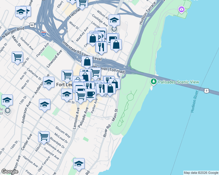 map of restaurants, bars, coffee shops, grocery stores, and more near 50 Bruce Reynolds Boulevard in Fort Lee