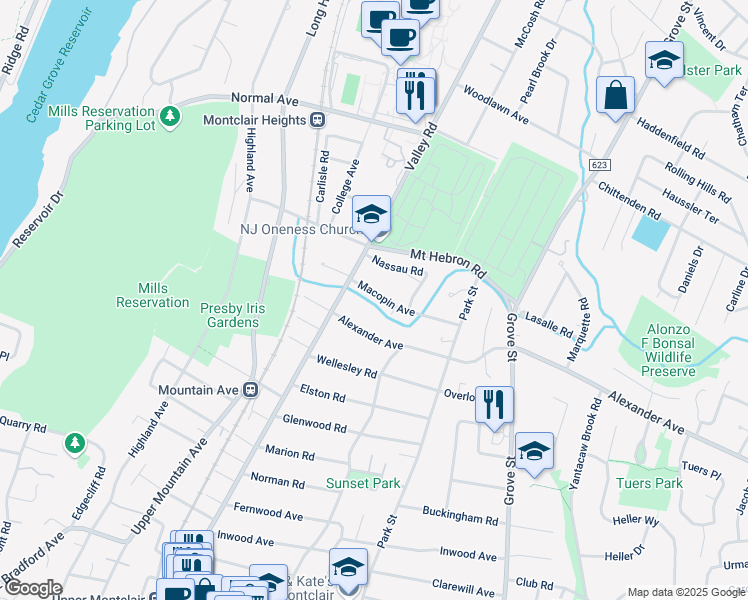 map of restaurants, bars, coffee shops, grocery stores, and more near 34 Macopin Avenue in Montclair