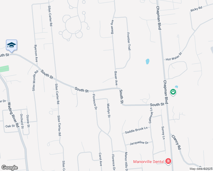 map of restaurants, bars, coffee shops, grocery stores, and more near 45 South Street in Manorville