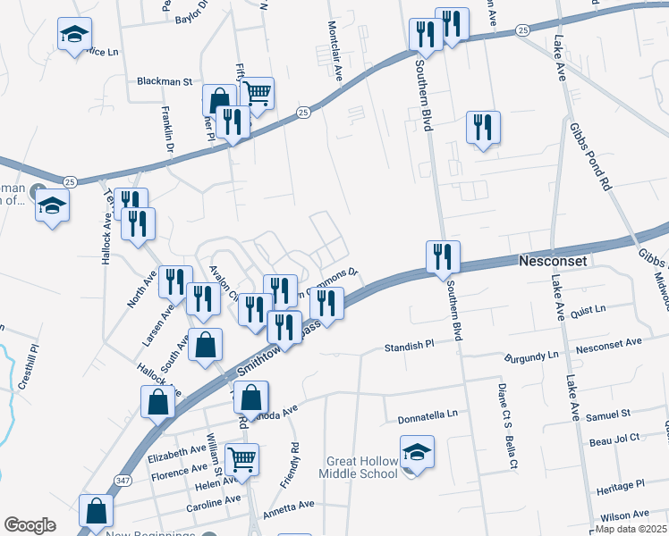 map of restaurants, bars, coffee shops, grocery stores, and more near 5 Chelsea Drive in Smithtown