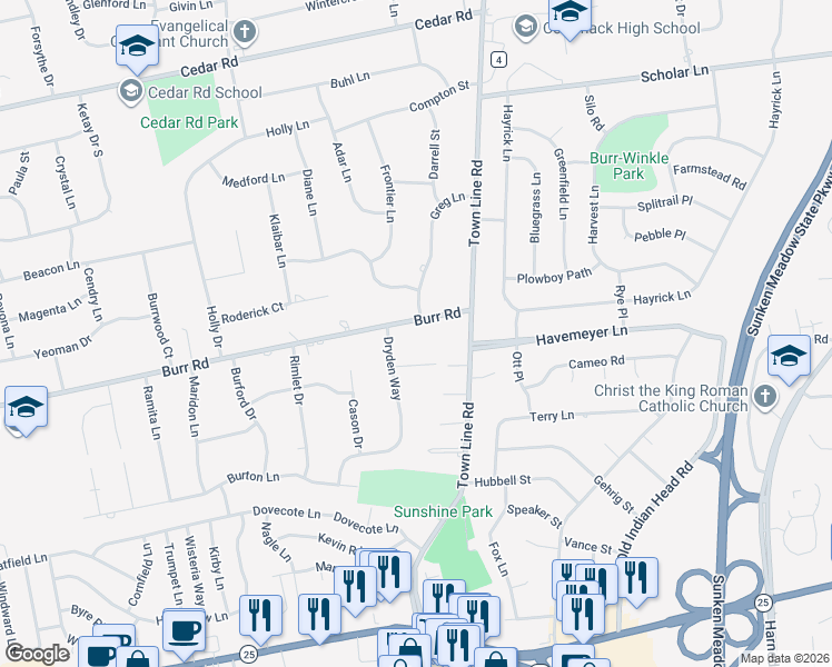 map of restaurants, bars, coffee shops, grocery stores, and more near 23 Greg Lane in East Northport
