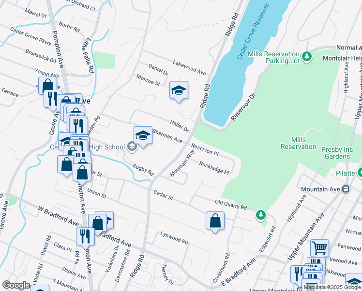 map of restaurants, bars, coffee shops, grocery stores, and more near 432 Ridge Road in Cedar Grove