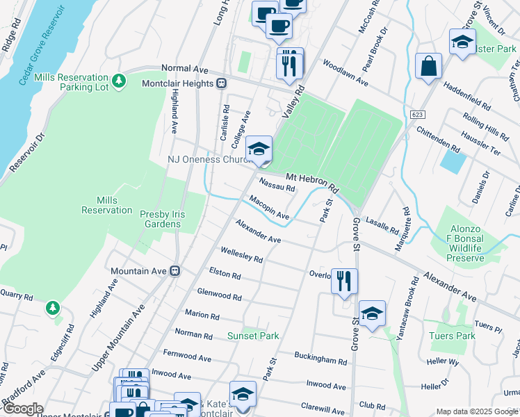 map of restaurants, bars, coffee shops, grocery stores, and more near 34 Macopin Avenue in Montclair