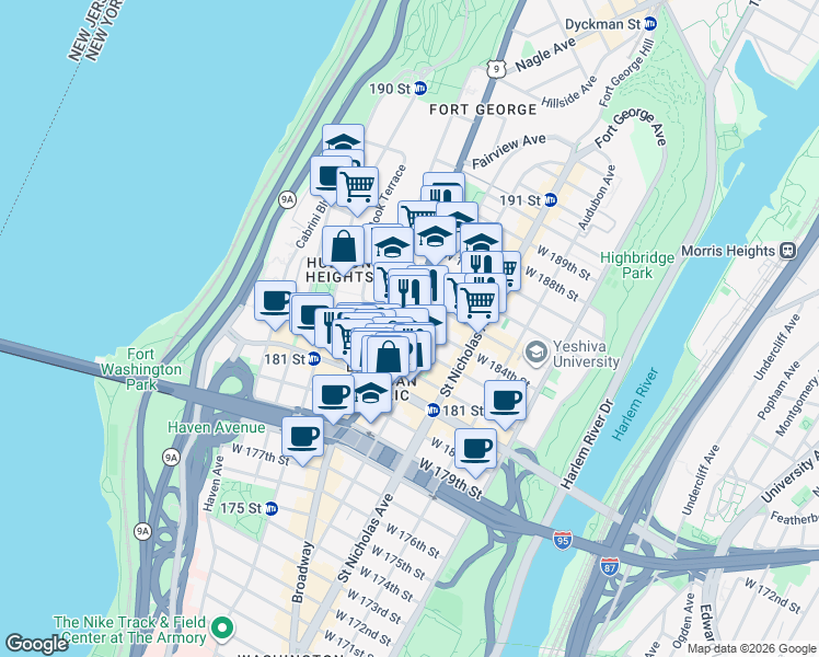 map of restaurants, bars, coffee shops, grocery stores, and more near in New York