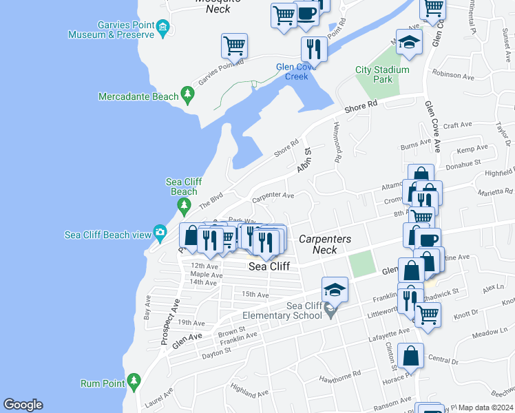 map of restaurants, bars, coffee shops, grocery stores, and more near 1 Winding Way in Sea Cliff