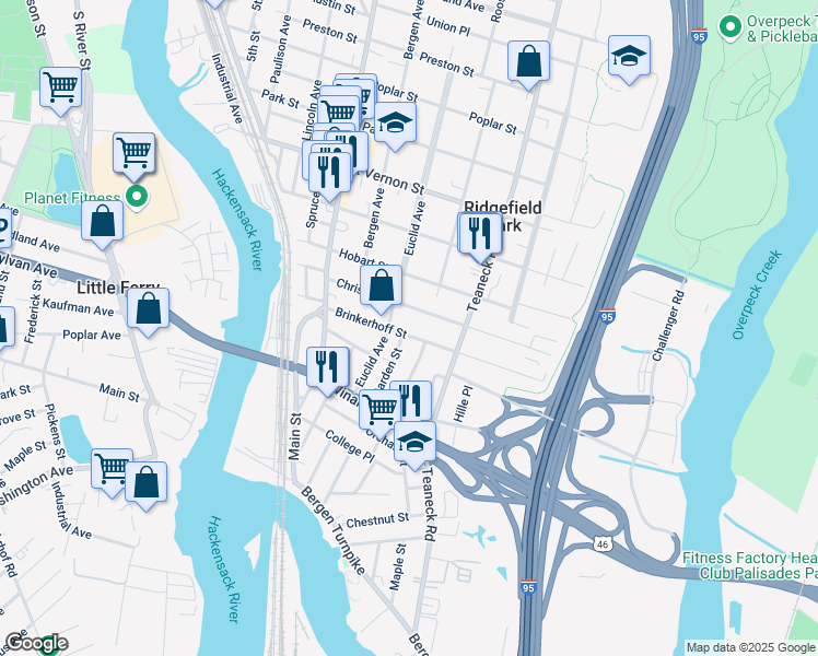 map of restaurants, bars, coffee shops, grocery stores, and more near 116 Christie Street in Ridgefield Park