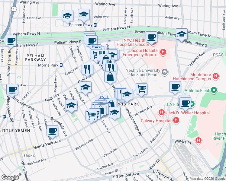 map of restaurants, bars, coffee shops, grocery stores, and more near 1901 Yates Avenue in Bronx