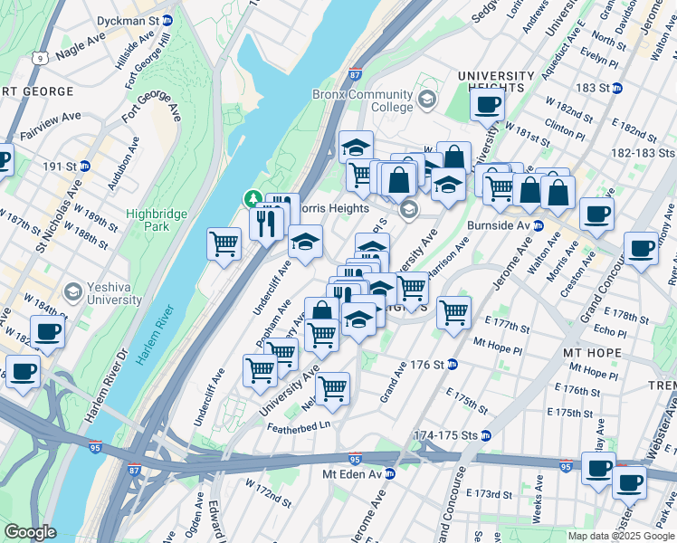 map of restaurants, bars, coffee shops, grocery stores, and more near 1814B Phelan Place in Bronx