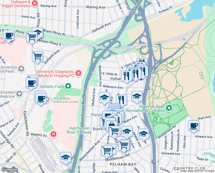 map of restaurants, bars, coffee shops, grocery stores, and more near 2844 East 194th Street in Bronx