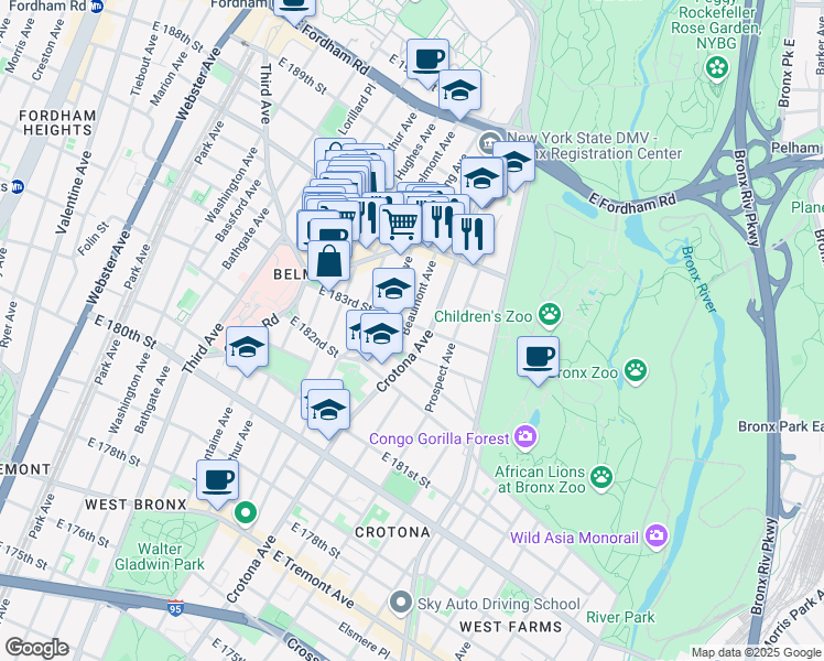 map of restaurants, bars, coffee shops, grocery stores, and more near in The Bronx