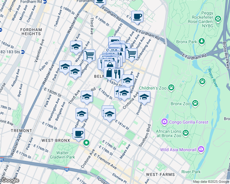 map of restaurants, bars, coffee shops, grocery stores, and more near in Bronx