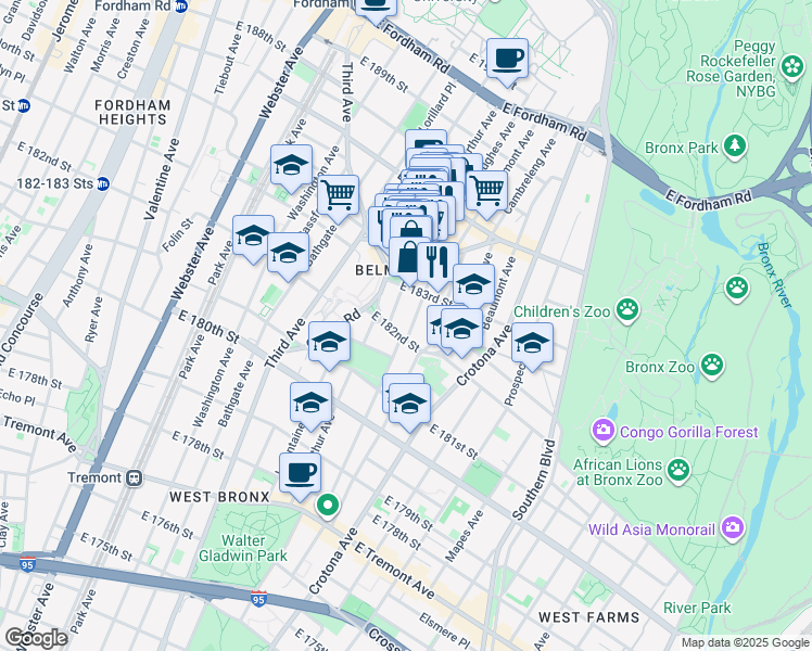 map of restaurants, bars, coffee shops, grocery stores, and more near in Bronx