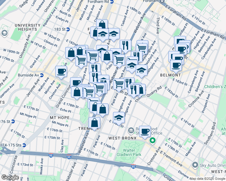 map of restaurants, bars, coffee shops, grocery stores, and more near in The Bronx