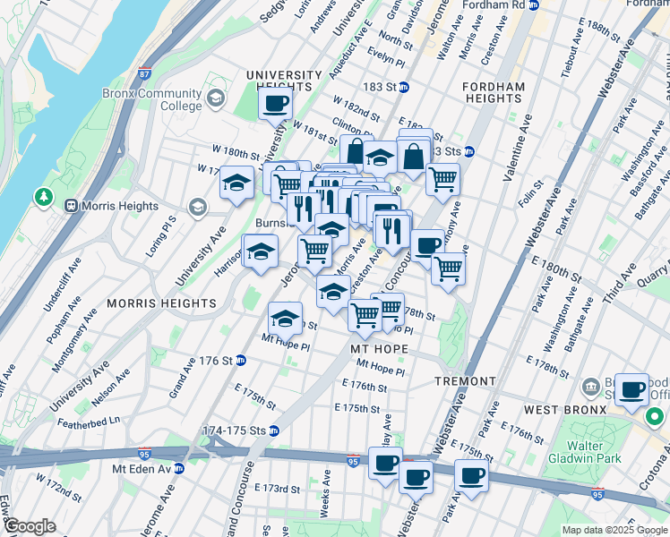 map of restaurants, bars, coffee shops, grocery stores, and more near 2021 Morris Avenue in The Bronx