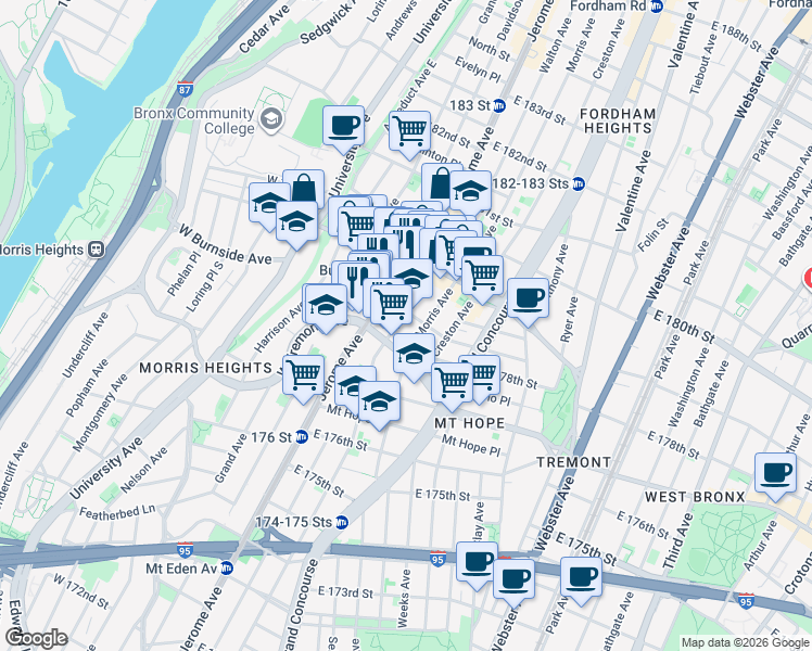 map of restaurants, bars, coffee shops, grocery stores, and more near 2016 Jerome Avenue in The Bronx