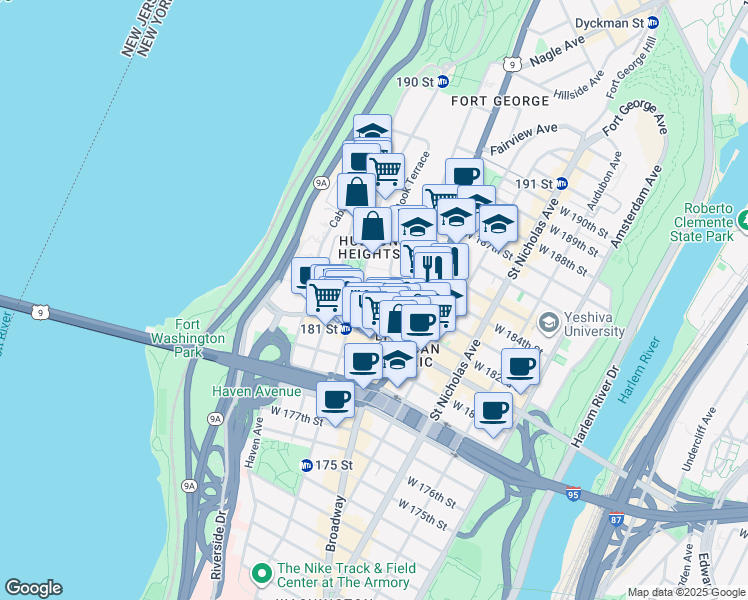 map of restaurants, bars, coffee shops, grocery stores, and more near 56 Bennett Avenue in New York