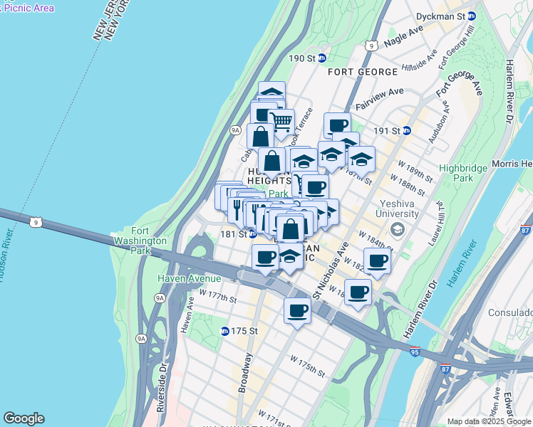 map of restaurants, bars, coffee shops, grocery stores, and more near 536 Fort Washington Avenue in New York