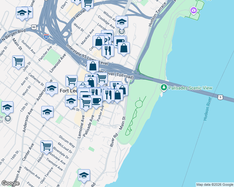 map of restaurants, bars, coffee shops, grocery stores, and more near 50 Bruce Reynolds Boulevard in Fort Lee