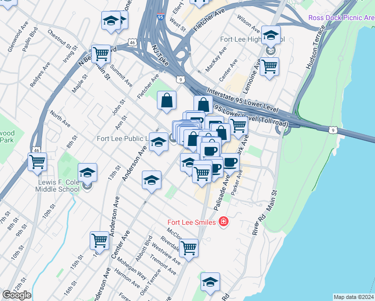 map of restaurants, bars, coffee shops, grocery stores, and more near in Fort Lee