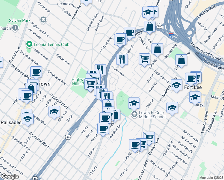 map of restaurants, bars, coffee shops, grocery stores, and more near 1480 Bergen Boulevard in Fort Lee