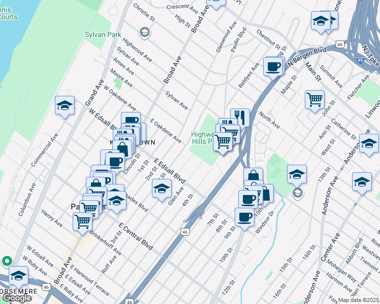 map of restaurants, bars, coffee shops, grocery stores, and more near 3 Glenwood Avenue in Leonia