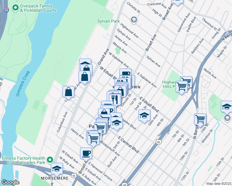 map of restaurants, bars, coffee shops, grocery stores, and more near 5 Ackerman Place in Palisades Park