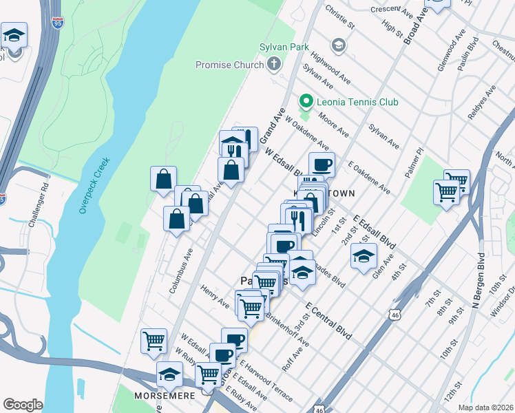 map of restaurants, bars, coffee shops, grocery stores, and more near 80B Liberty Place in Palisades Park