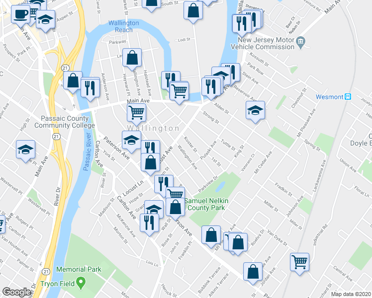 map of restaurants, bars, coffee shops, grocery stores, and more near 17 Koster Street in Wallington