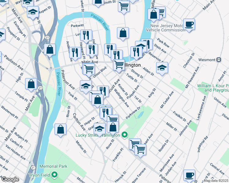 map of restaurants, bars, coffee shops, grocery stores, and more near 75 Locust Avenue in Wallington