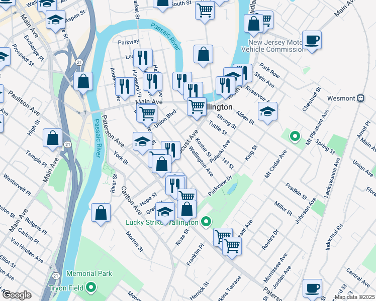 map of restaurants, bars, coffee shops, grocery stores, and more near 75 Locust Avenue in Wallington