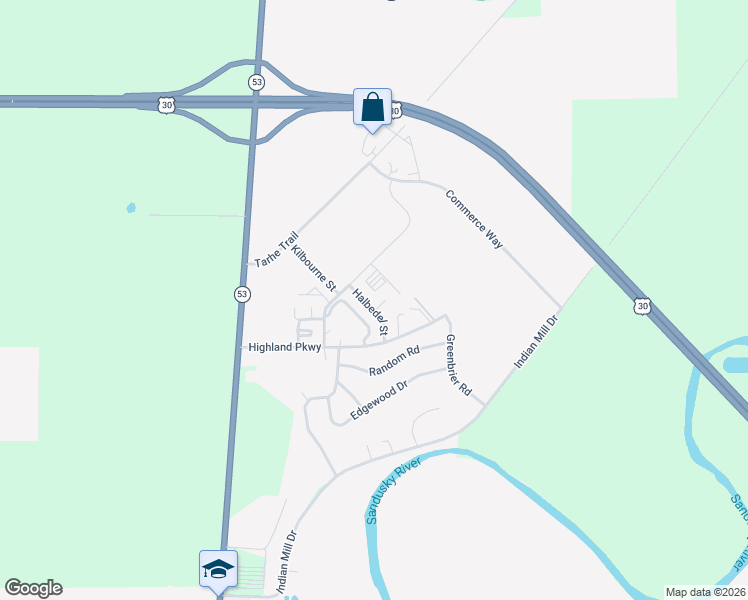 map of restaurants, bars, coffee shops, grocery stores, and more near Broadview Street in Upper Sandusky