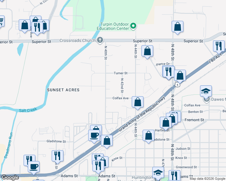 map of restaurants, bars, coffee shops, grocery stores, and more near 4037 Turner Street in Lincoln
