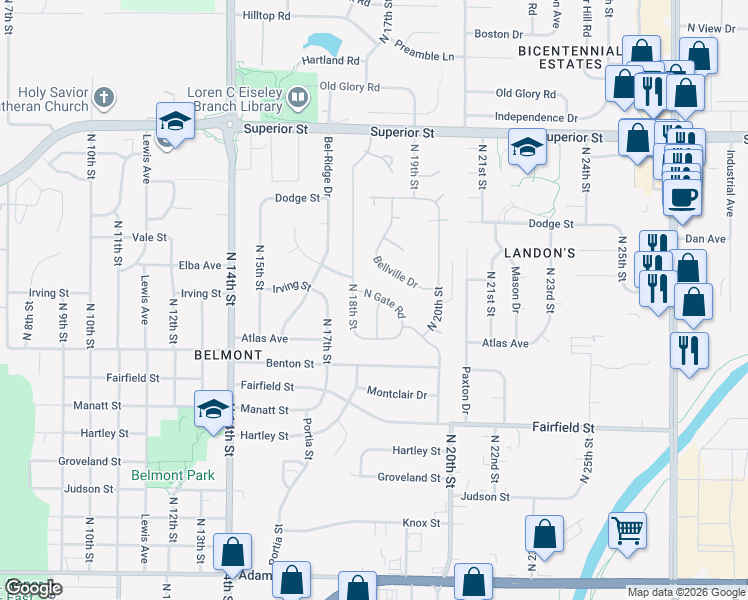 map of restaurants, bars, coffee shops, grocery stores, and more near 4149 Bellville Drive in Lincoln