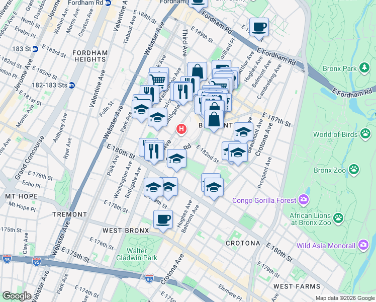 map of restaurants, bars, coffee shops, grocery stores, and more near 16 Wade Square in Bronx