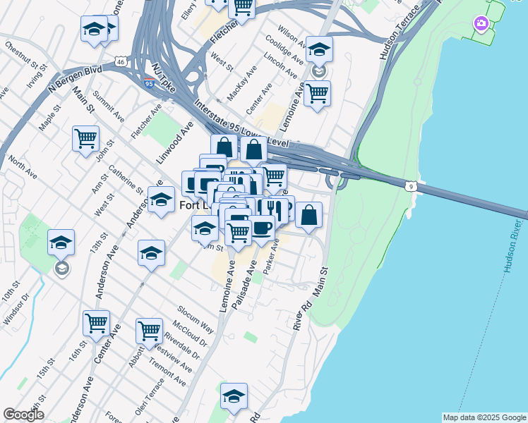 map of restaurants, bars, coffee shops, grocery stores, and more near 2030 Hudson Street in Fort Lee