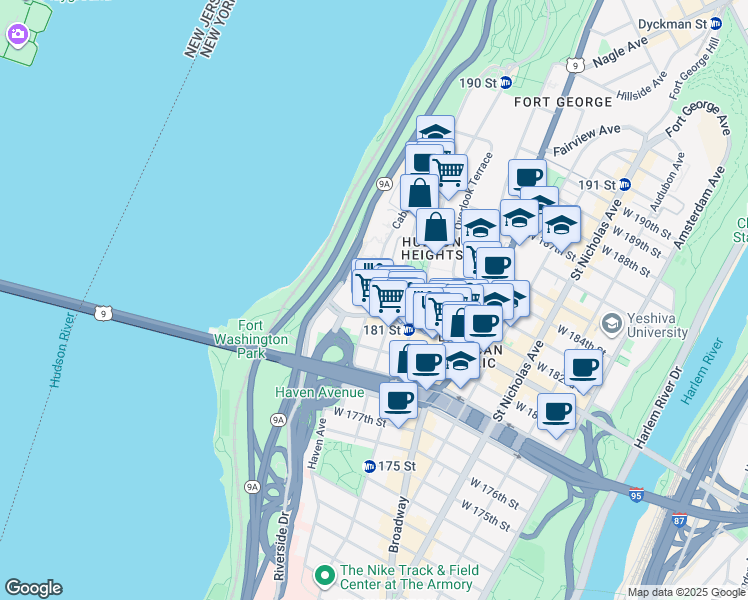 map of restaurants, bars, coffee shops, grocery stores, and more near 131 Cabrini Boulevard in New York