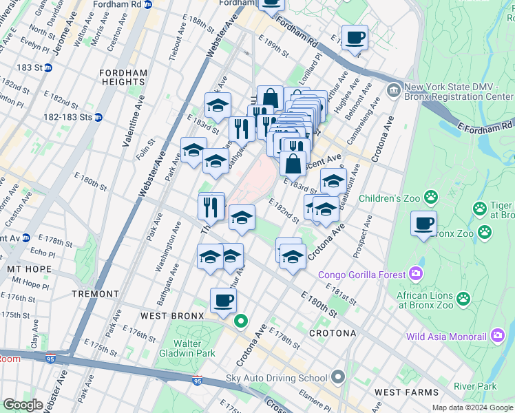 map of restaurants, bars, coffee shops, grocery stores, and more near 16 Wade Square in Bronx