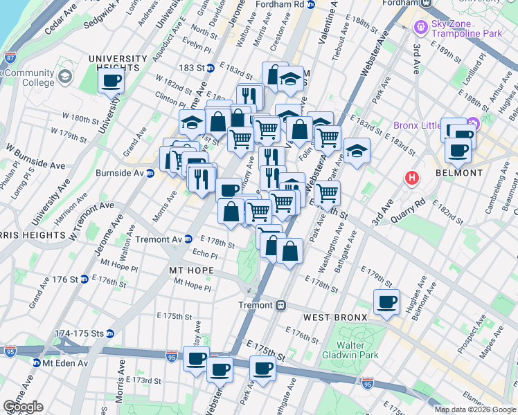 map of restaurants, bars, coffee shops, grocery stores, and more near in The Bronx