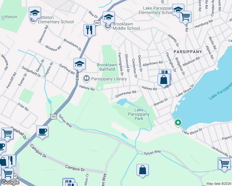 map of restaurants, bars, coffee shops, grocery stores, and more near 369 Halsey Road in Parsippany-Troy Hills