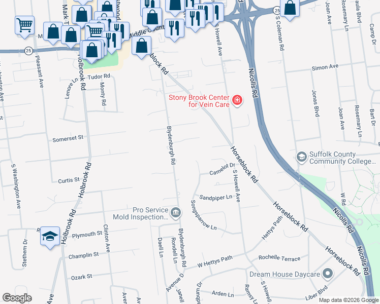 map of restaurants, bars, coffee shops, grocery stores, and more near 10 Springbriar Lane in Centereach